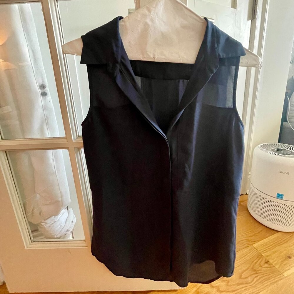 Theory Silky Navy Blue Collared Blouse
